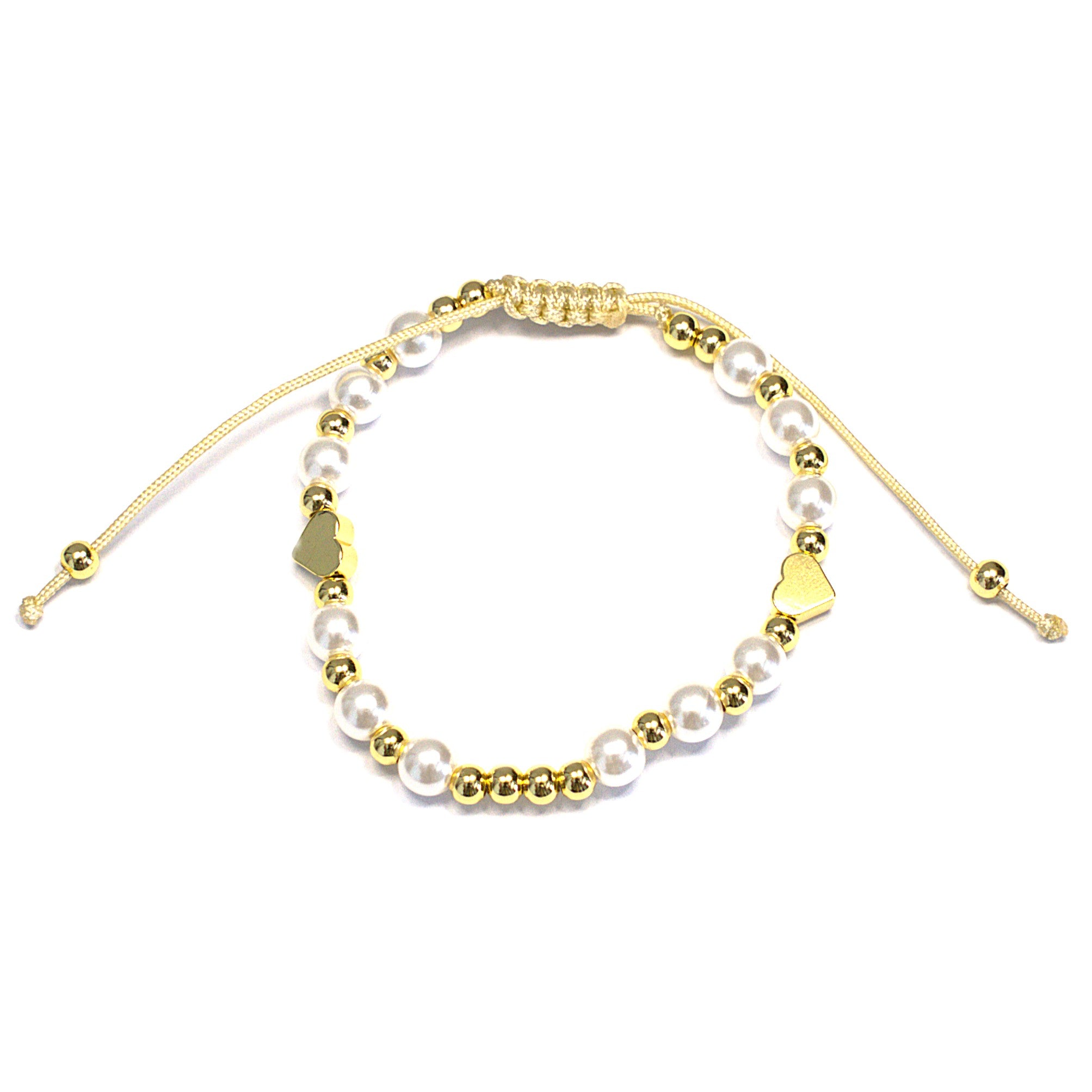 Brățară pe șnur reglabil cu bile albe și aurii și charm inimă