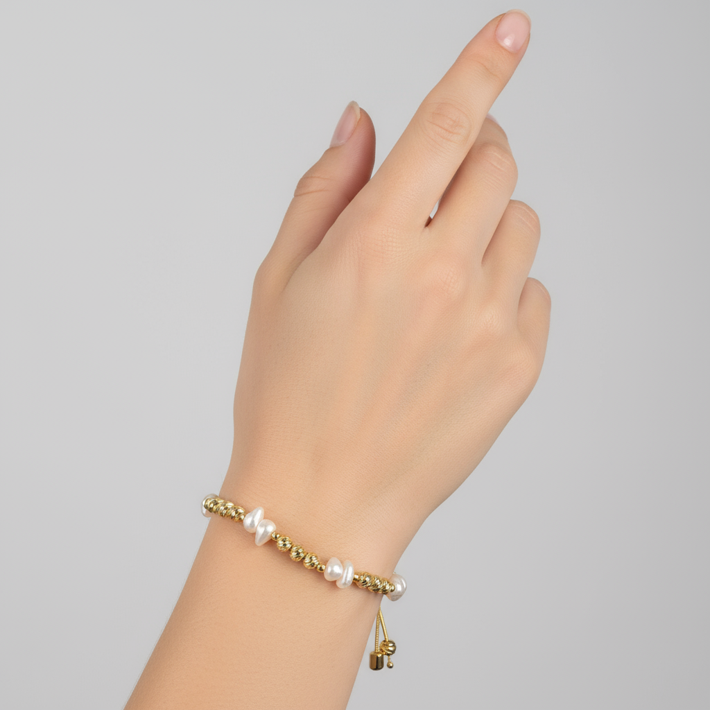 Brățară reglabilă cu bile aurii si albe