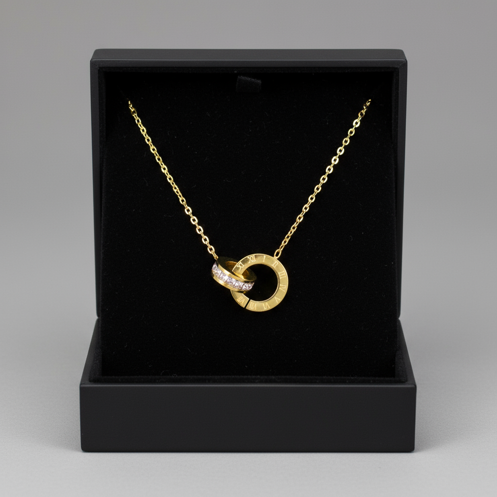 colier placat cu aur de 18K cu pandantiv elegant 2 cercuri intercalate