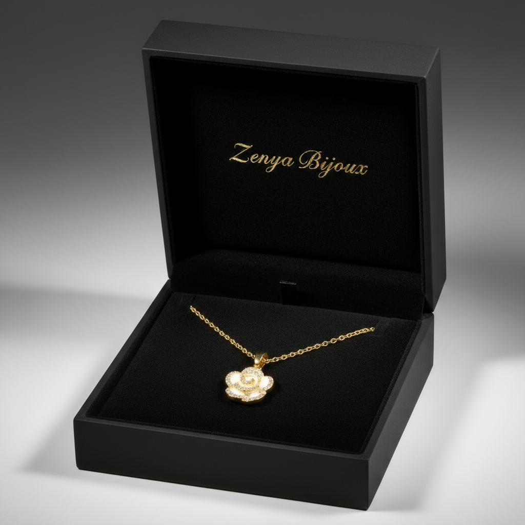 colier placat cu aur de 18K cu pandantiv elegant cu floare alba cu sclipici