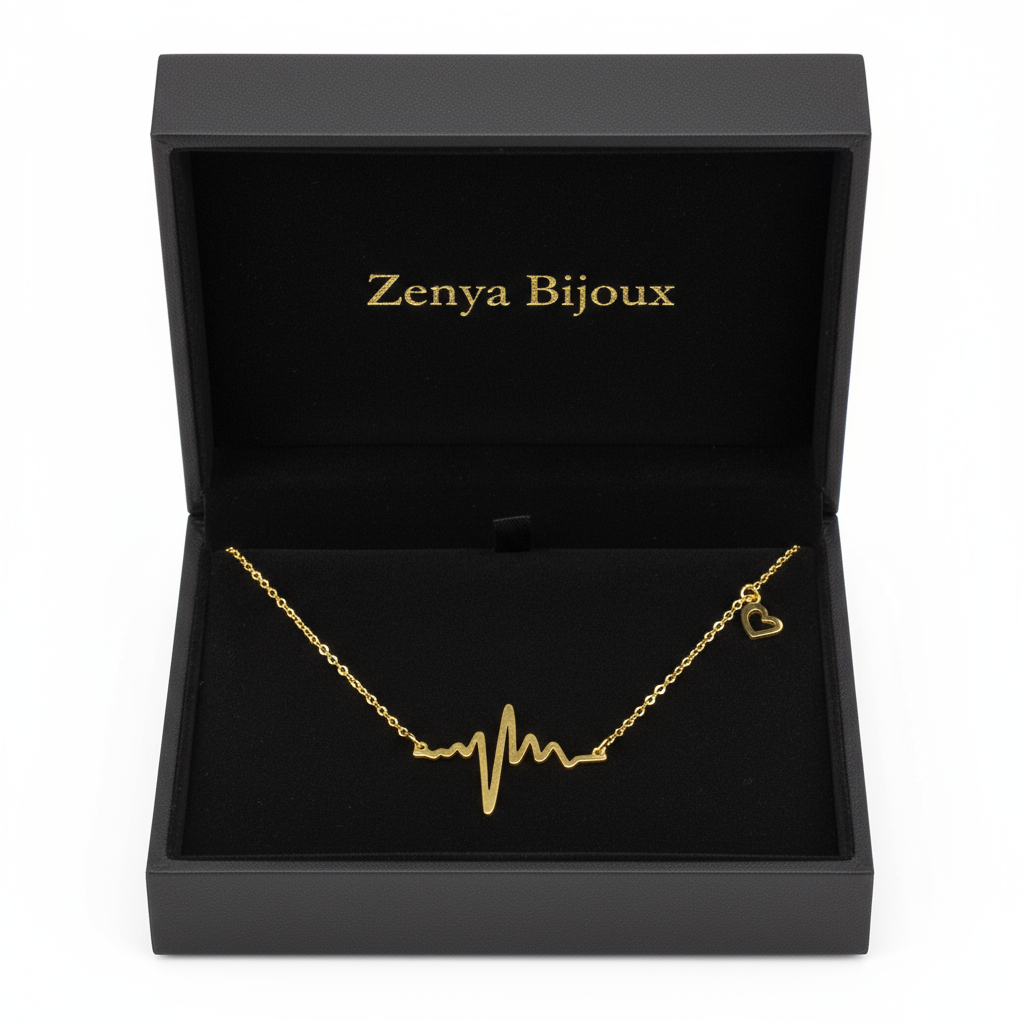 colier placat cu aur de 18K cu pandantiv elegant in forma de puls in cutie de bijuterii