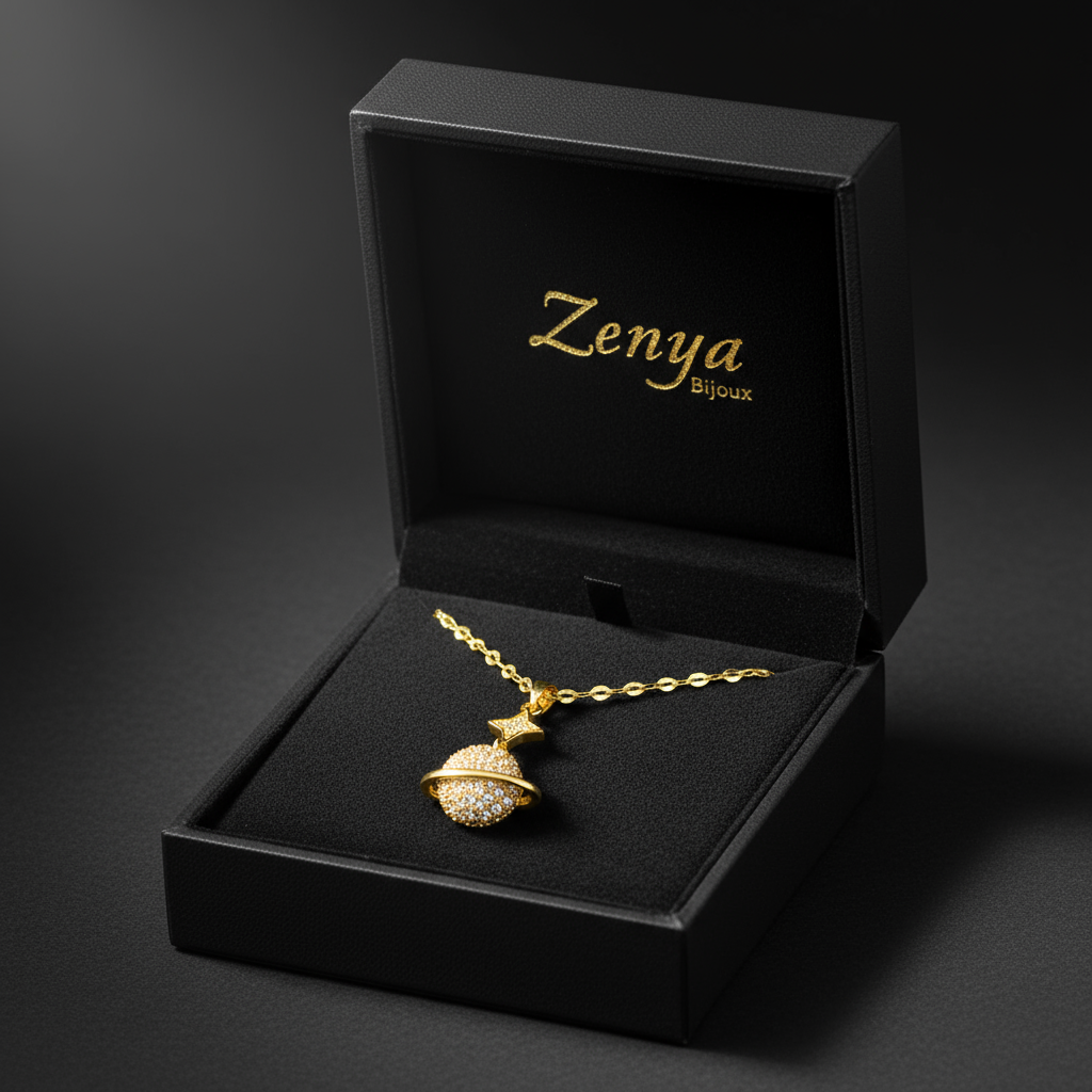 colier placat cu aur de 18K cu pandantiv in forma de planeta cu cerc si o stea deasupra