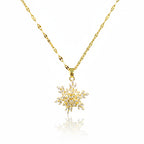colier placat cu aur de 18K cu pandantiv in forma de fulg de zapada mare cu pietre si unul mic deasupra cu pietre care se roteste, antistres