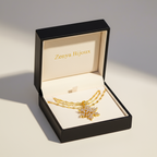 colier placat cu aur de 18K cu pandantiv in forma de fulg de zapada mare cu pietre si unul mic deasupra cu pietre care se roteste, antistres