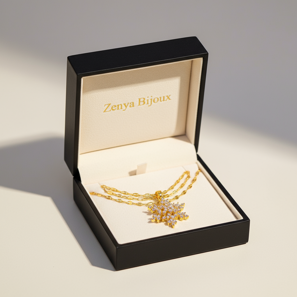 colier placat cu aur de 18K cu pandantiv in forma de fulg de zapada mare cu pietre si unul mic deasupra cu pietre care se roteste, antistres