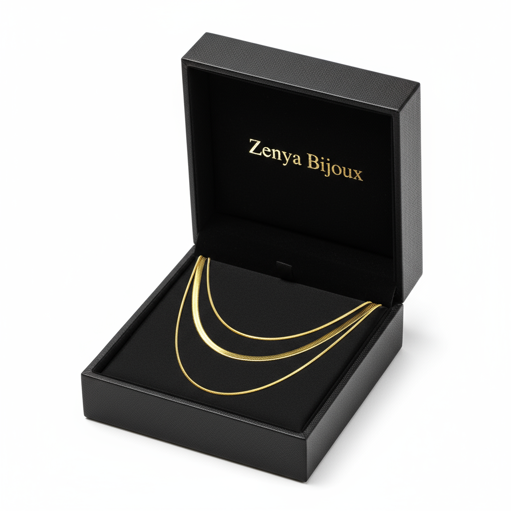 colier fin de damă cu 3 randuri de  lanț subțire placat cu aur