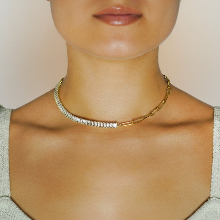 colier jumate tenis, jumate lant din zale mari,cu piatră cubic zirconia – bijuterie strălucitoare pentru femei