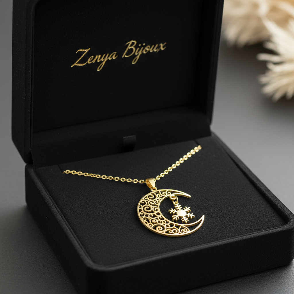 Lănțișor fin auriu cu pandantiv cu semi luna si o stea in mijloc, realizat din oțel inoxidabil 