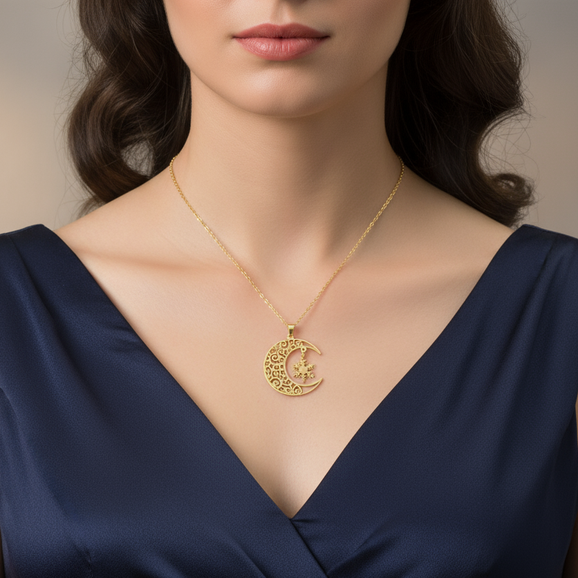 Lănțișor fin auriu cu pandantiv cu semi luna si o stea in mijloc, realizat din oțel inoxidabil 