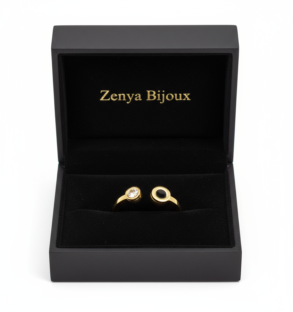 inel placat cu aur de 18K – design elegant de damă cu negru si o piatra mica