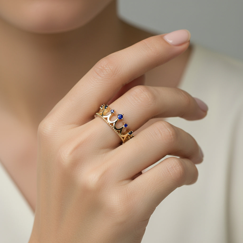 inel placat cu aur de 18K cu pietre cubic zirconia strălucitoare coroana cu pietre albastre