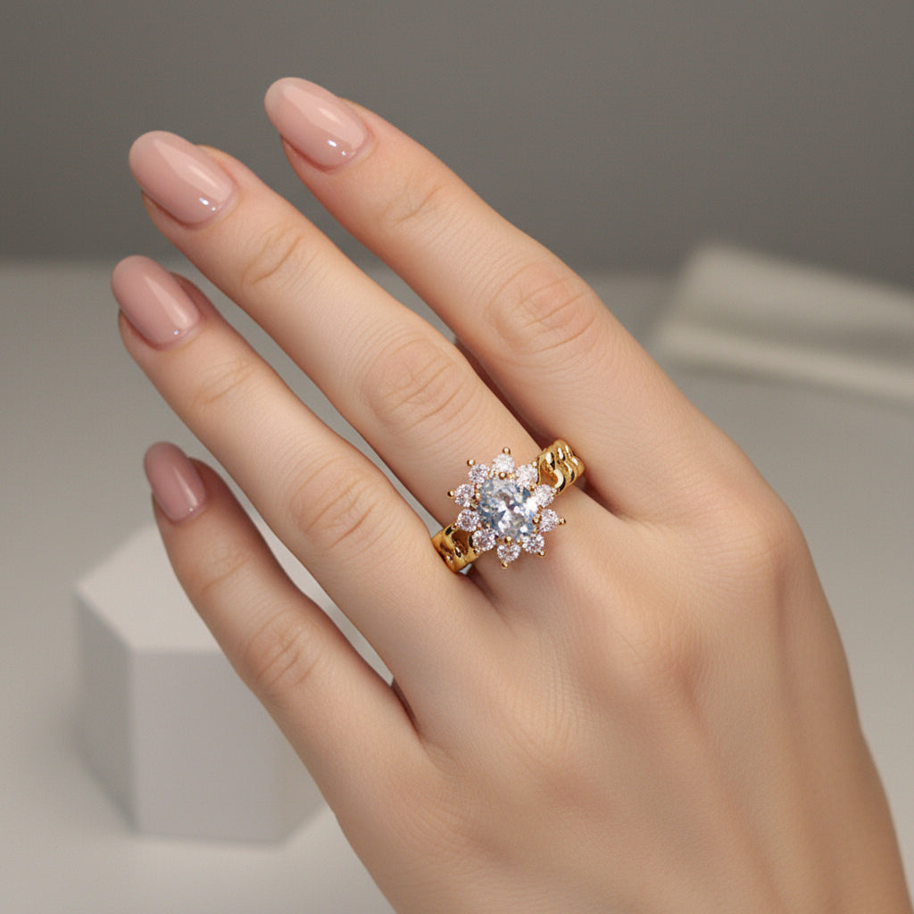 inel placat cu aur de 18K cu piatră cubic zirconia strălucitoare transparenta