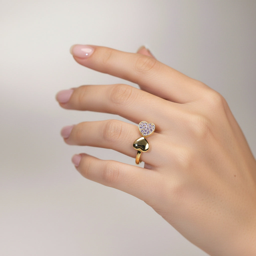 inel cu doua inimi placat cu aur de 18K cu piatră cubic zirconia strălucitoare violet