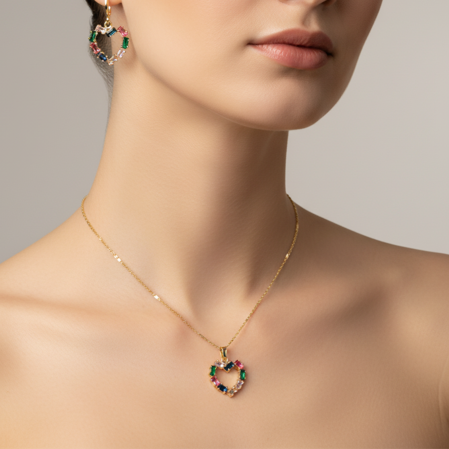 set bijuterii placate cu aur de 18K – colier, cercei in forma de inima cu pietre colorate multicolor