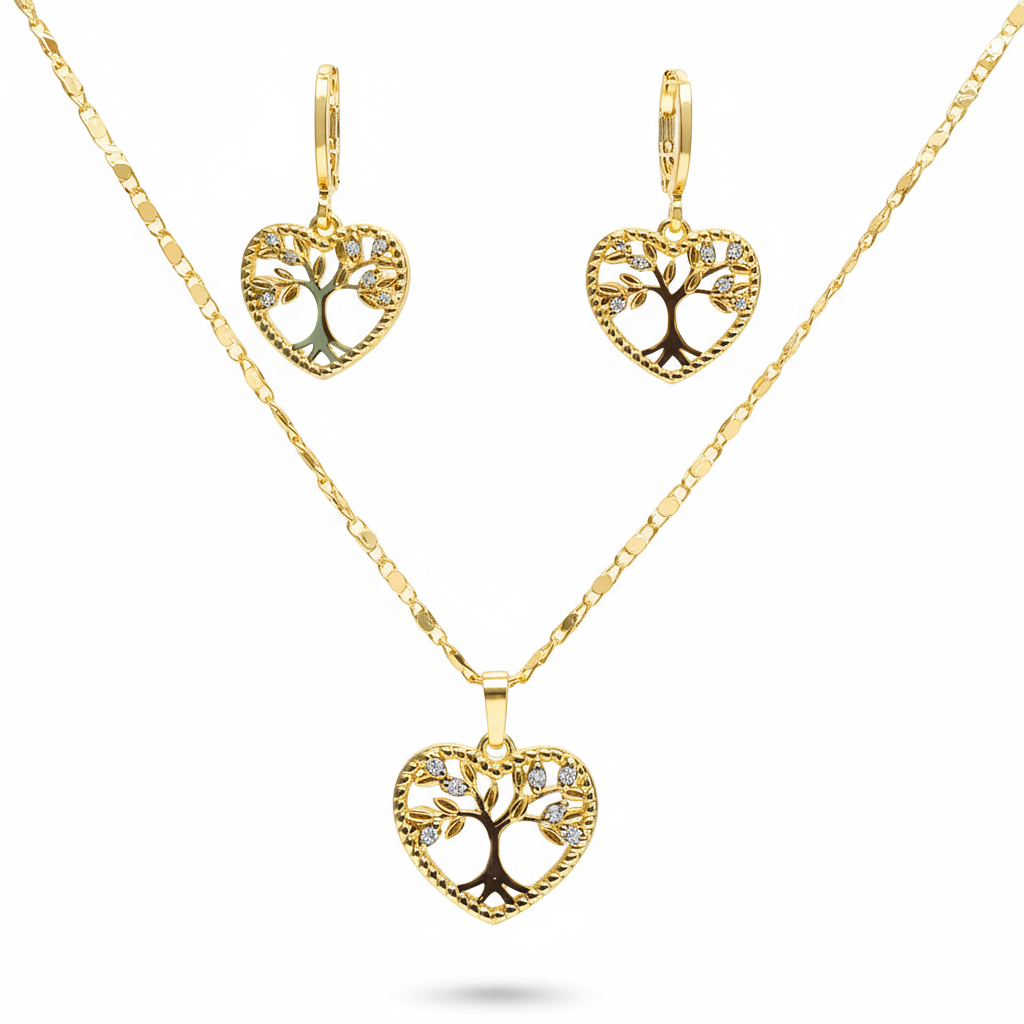 set bijuterii placate cu aur de 18K – colier, cercei in forma de inima cu copacul vietii in interior