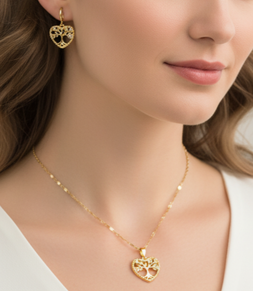 set bijuterii placate cu aur de 18K – colier, cercei in forma de inima cu copacul vietii in interior