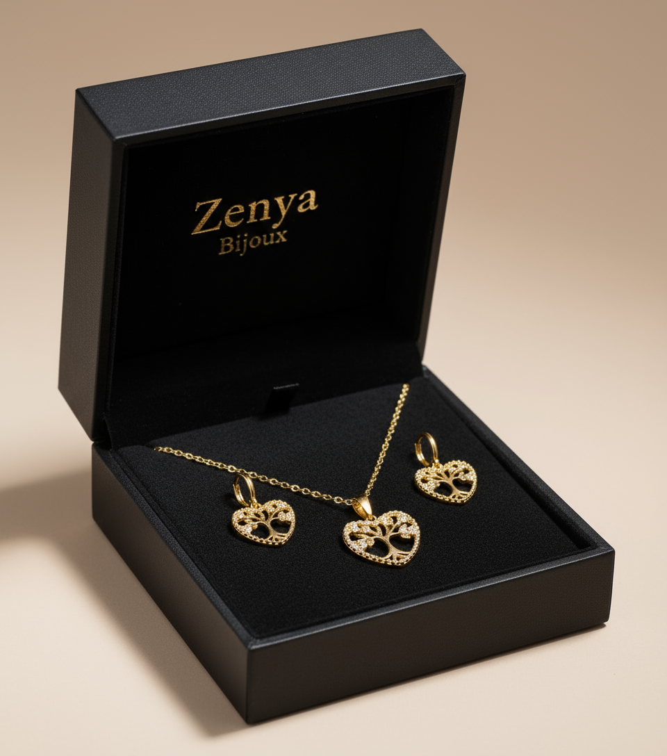 set bijuterii placate cu aur de 18K – colier, cercei in forma de inima cu copacul vietii in interior