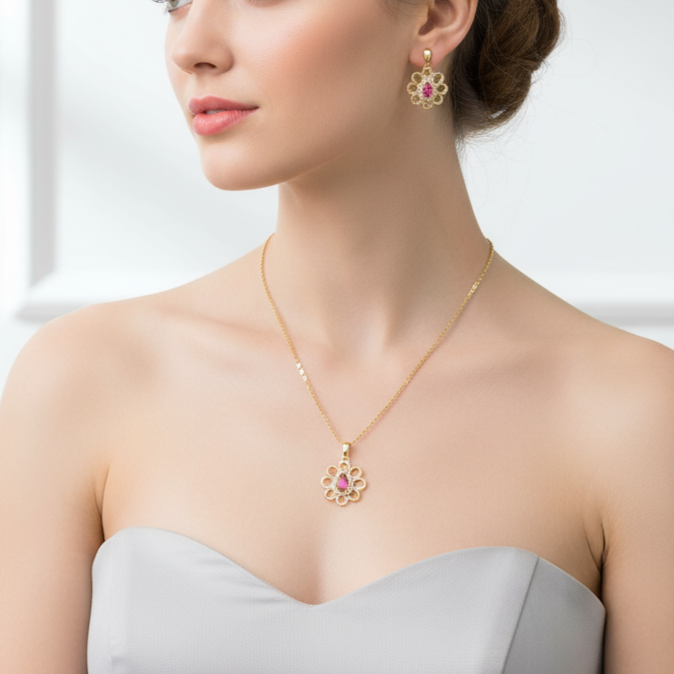 Set lănțișor și cercei placate cu aur 18k - Red Flower