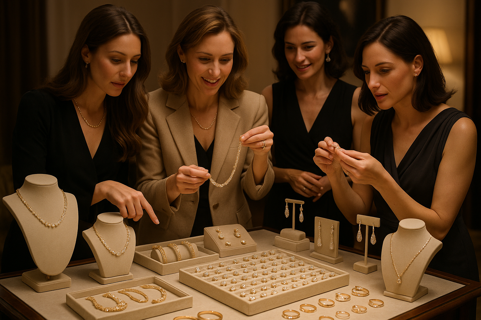 table full of beautiful jewelry and wemen around the table cheking them out